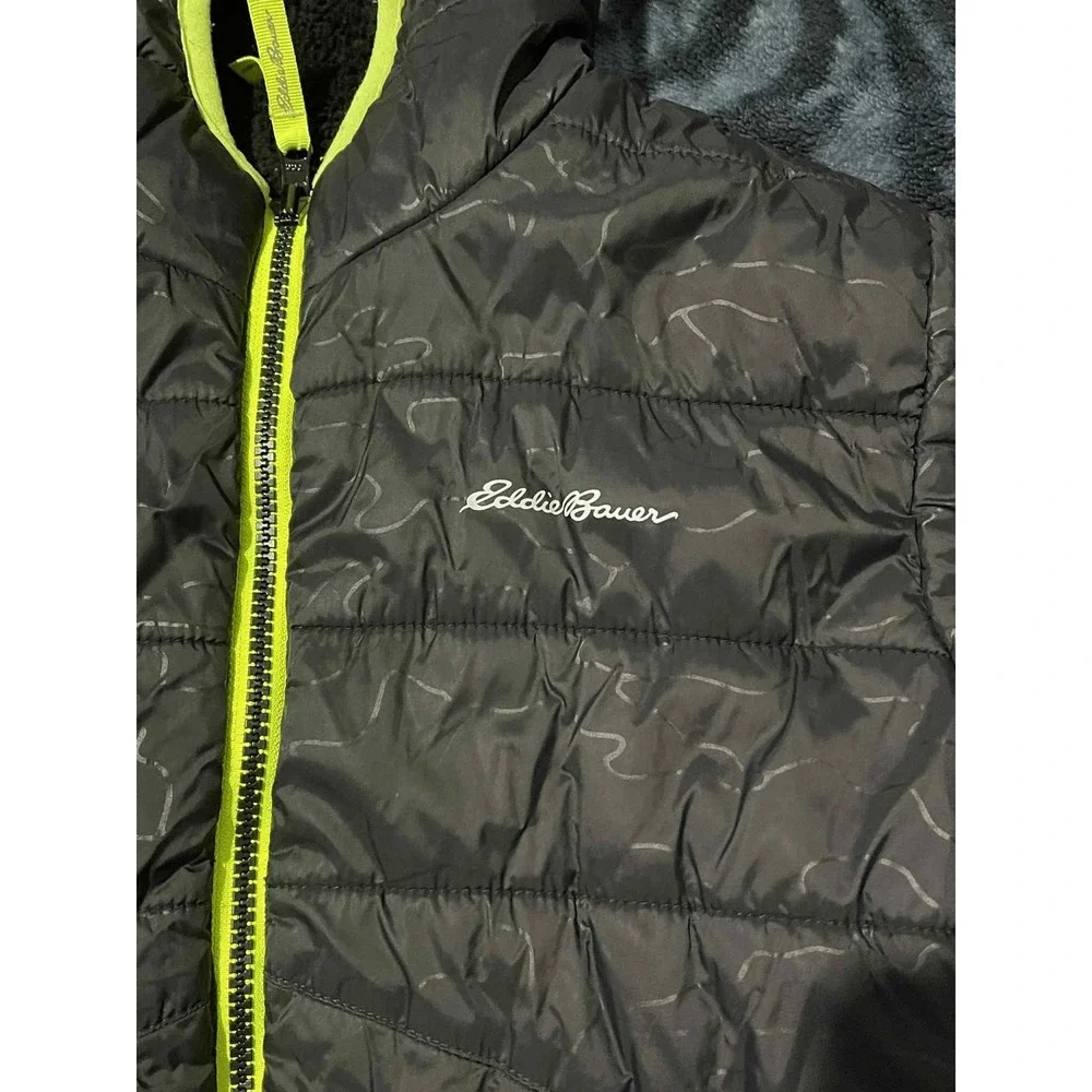 Eddie Bauer Jacket Youth Medium 10/12 Black Hooded Reversible Sherpa Puffer Zip‎